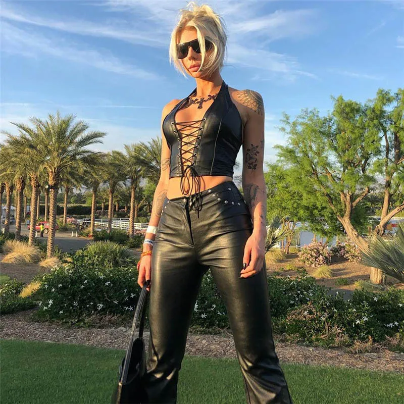 Fashion punk black leather hollwo crop tops womens camisole 2024 summer fashion stretch tees Slim Soft leather tank tops