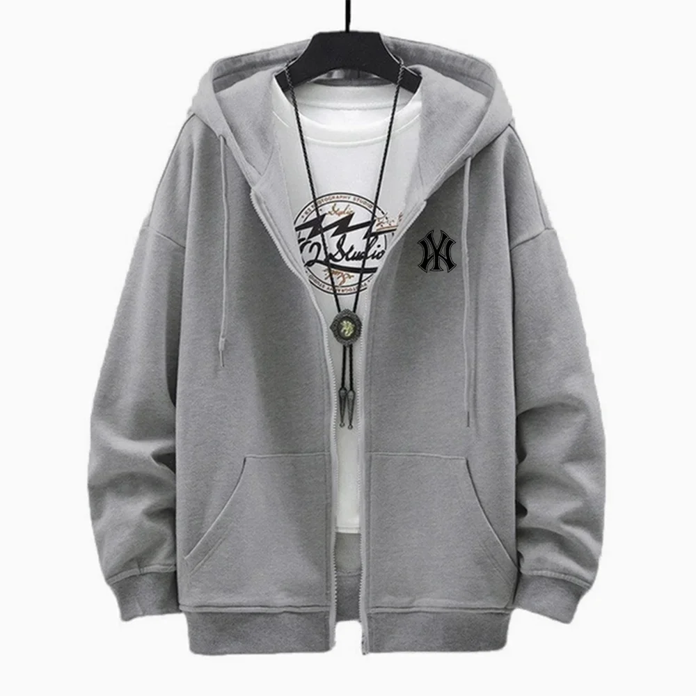 Men's street style zipper coat, oversized clothing, fashionable sweatshirt, solid color printed, outdoor sports loose top