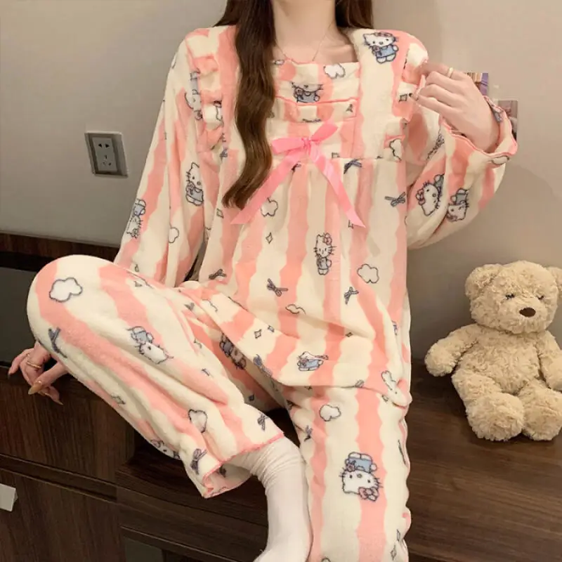 2025 meninas outono e inverno pijamas flanela conjunto grosso doce bonito dos desenhos animados confortável quente manga comprida pulôver roupas para casa