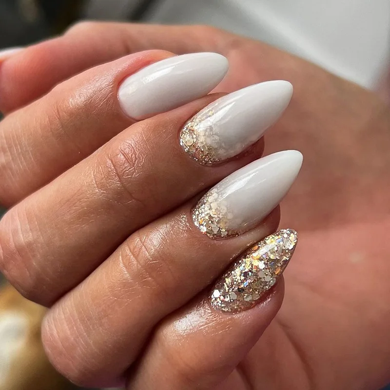 

24pcs Champagne Press-On Nails - Milky White Base With Gold Glitter Long Almond Luxe Minimalist Style