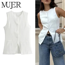 MUJER 2025 Women Vest Button Sleeveless Jacket Women Waistcoat Summer White Vest Woman Fashion Elegant Women's Suit Vest Coat