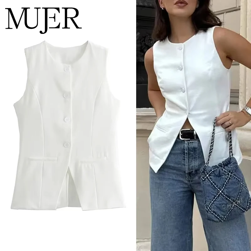 MUJER 2025 Women Vest Button Sleeveless Jacket Women Waistcoat Summer White Vest Woman Fashion Elegant Women's Suit Vest Coat