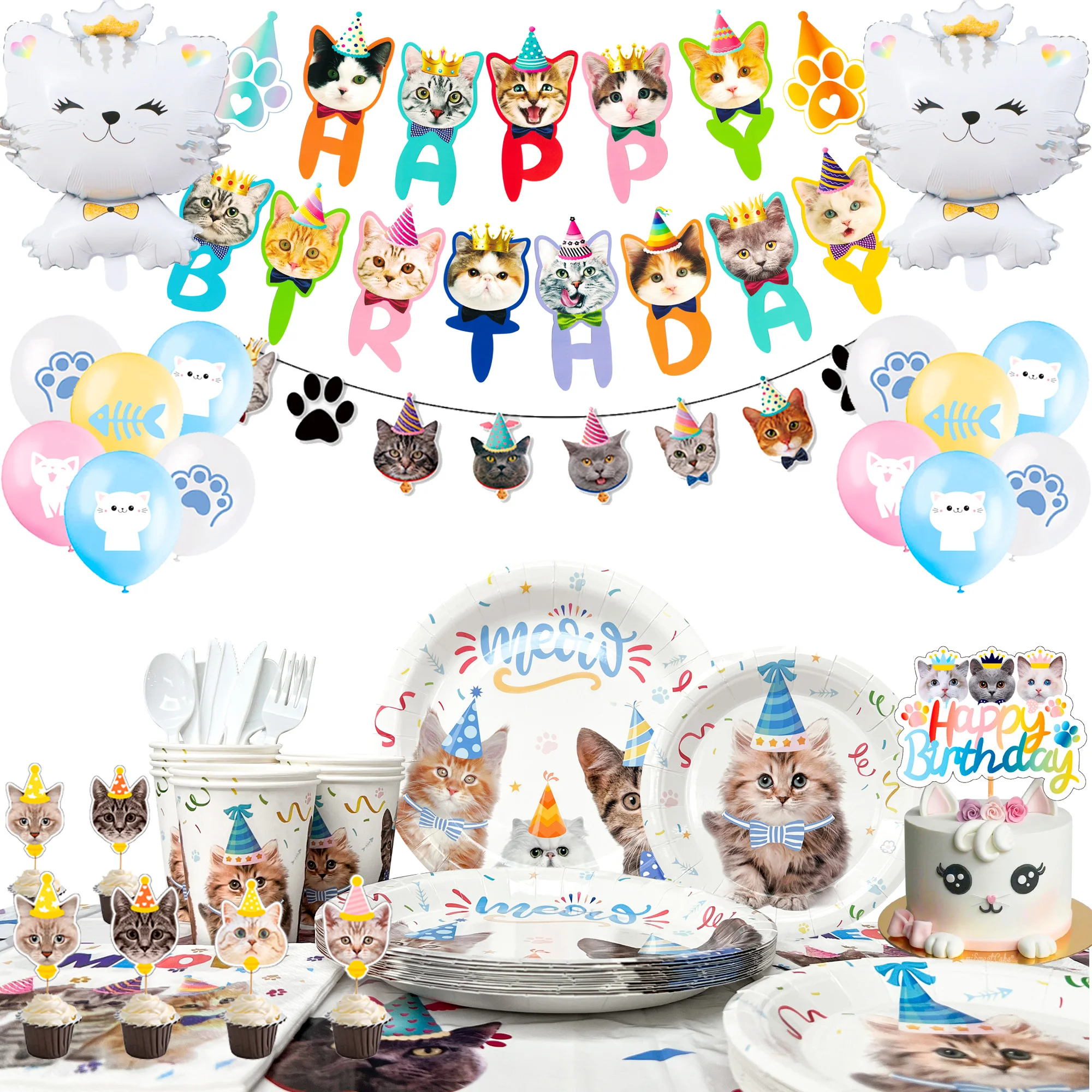 

Cat Birthday Party Supplies,167pcs Birthday Decorations &Theme Tableware Set-Party Plates Napkins Tablecloth&Banner Balloons etc