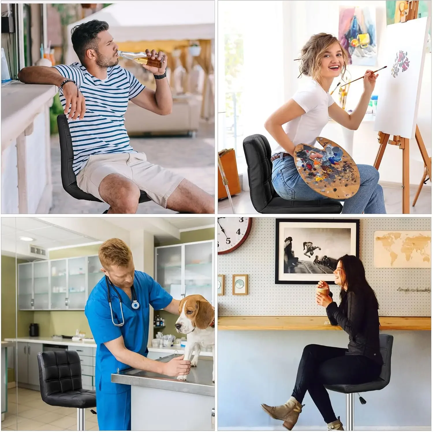 Set of 4 Adjustable Swivel Barstools, Modern PU Leather Kitchen Counter Bar Stools, Square Back Bar Stool