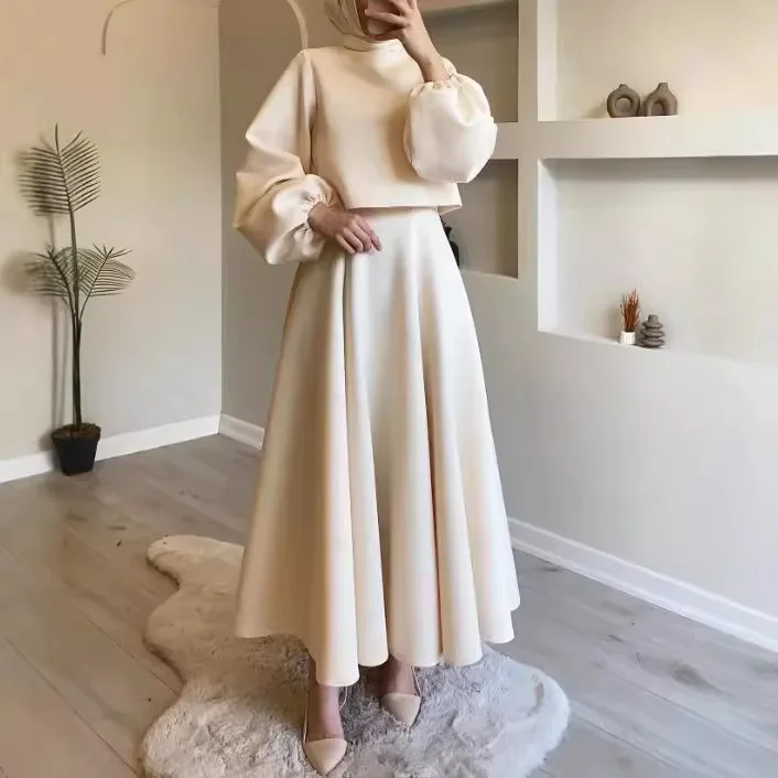 Muslim Skirt Outfits Two Piece Set Women Round Collar Top Long Skirt Solid Suit Ramadan Morocco Dubai Arabic Elegant Ensemble