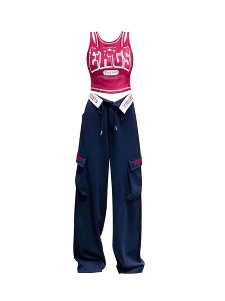 

Gyaru Chic 2 Piece Set O-Neck Sleeveless Letter Print Vests+ High Elastic Wais Wide Leg Pants High Street Harajuku Streetwear