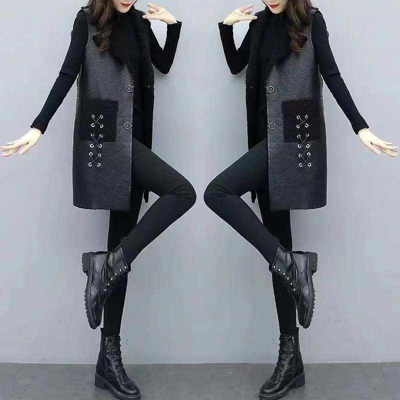 PU Leather Vest Coat Female2024Autumn Winter New Long Waistcoat high-Grade Thick Sleeveless Jacket Women Large Size Overwear Top