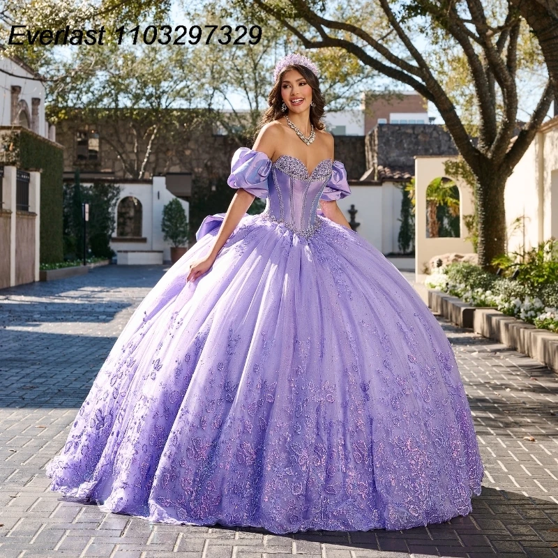 

EVLAST Lavender Lilac Quinceanera Dress Ball Gown Lace Applique Beaded Bow Corset Mexican Sweet 16 Vestidos De 15 Años TQD859