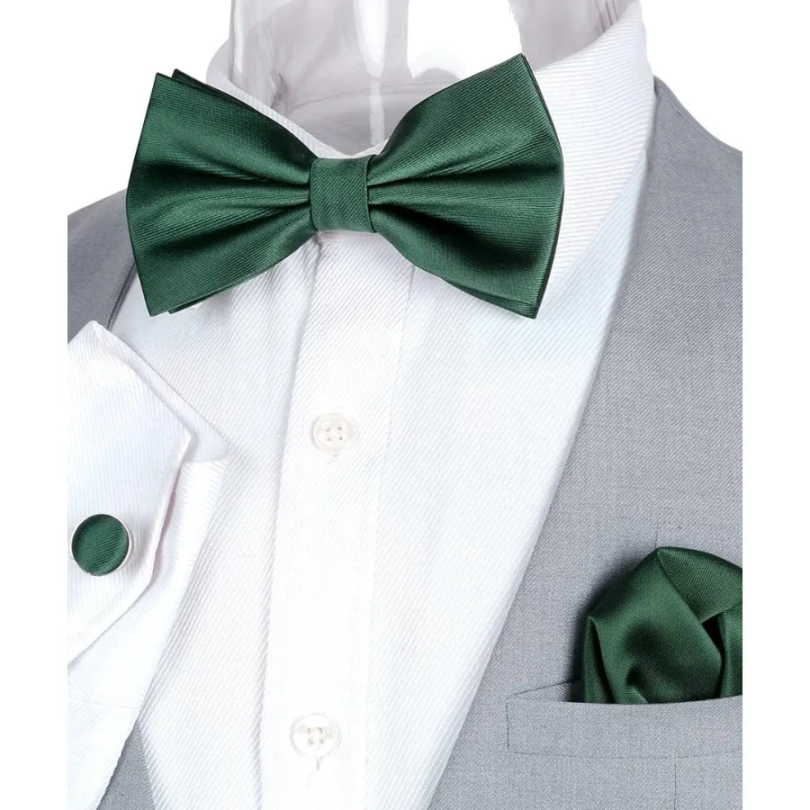 Elegante set da uomo formale che include fazzoletto da taschino con papillon e gemelli, perfetto per matrimoni, eventi Galas e BlackTie con