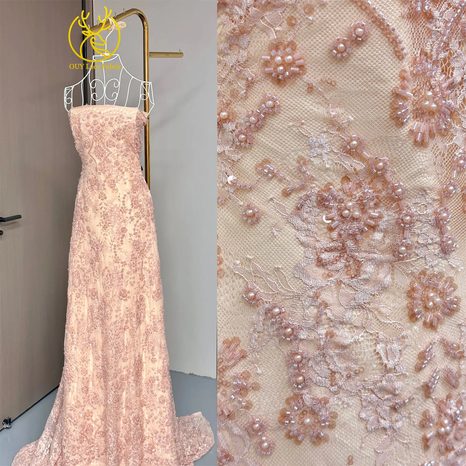 3 Meter exquisiter Perlen-Spitzenstoff, afrikanischer Spitzenstoff mit Pailletten und verstreuten Blumenstickereien zum Nähen von Brautkleidern – Detail 5