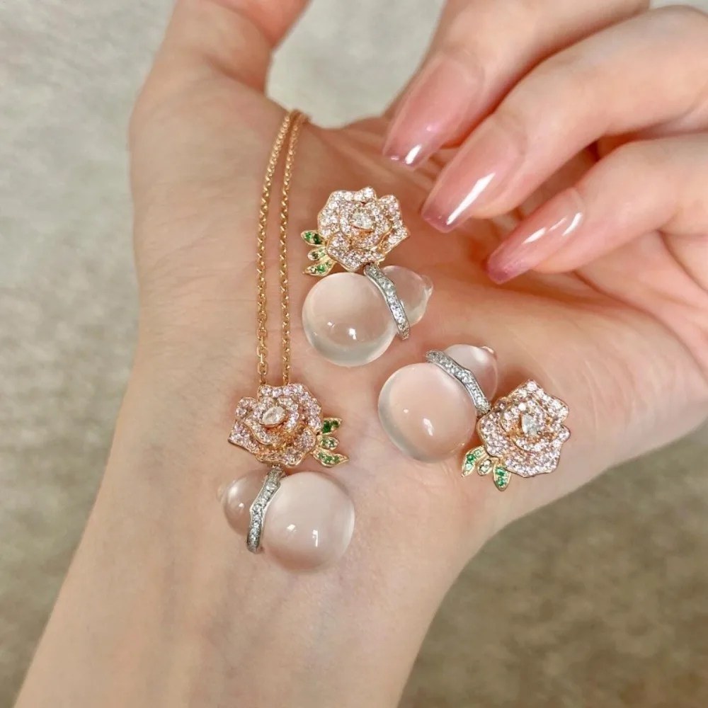 

New Chinese Style Rose Chalcedony Set – Icy Translucent Gourd Design for Crown Chakra Activation & Spiritual Grace