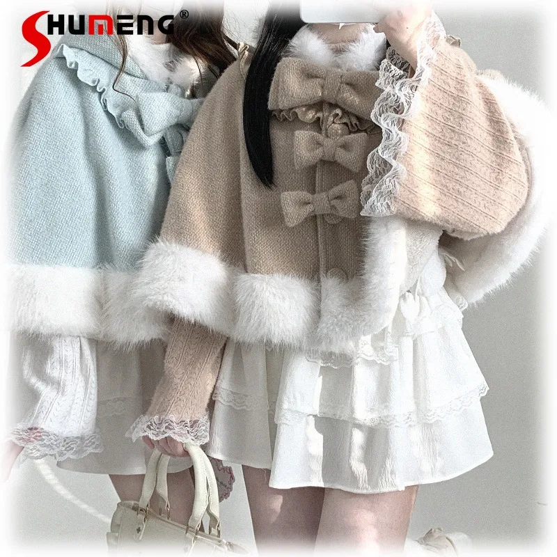 Japanese Sweet Original Bowknot Cat Ear Hooded Fleece Small Cape Coat Women's Clothing Kawaii Sweet Ponchos Lolita Style Jacket