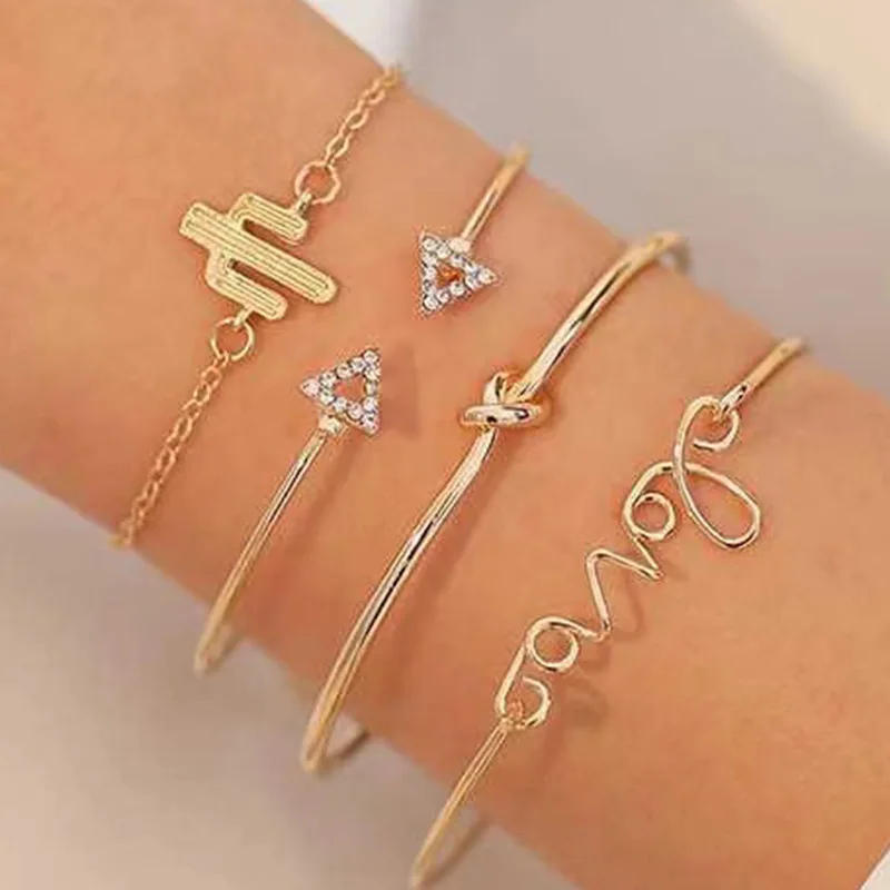 2024 New Women Cactus Triangular Opening Love Diamond Knotted Bracelet 4-piece Set Luxury Jewelry Female Titanium Steel Bangles