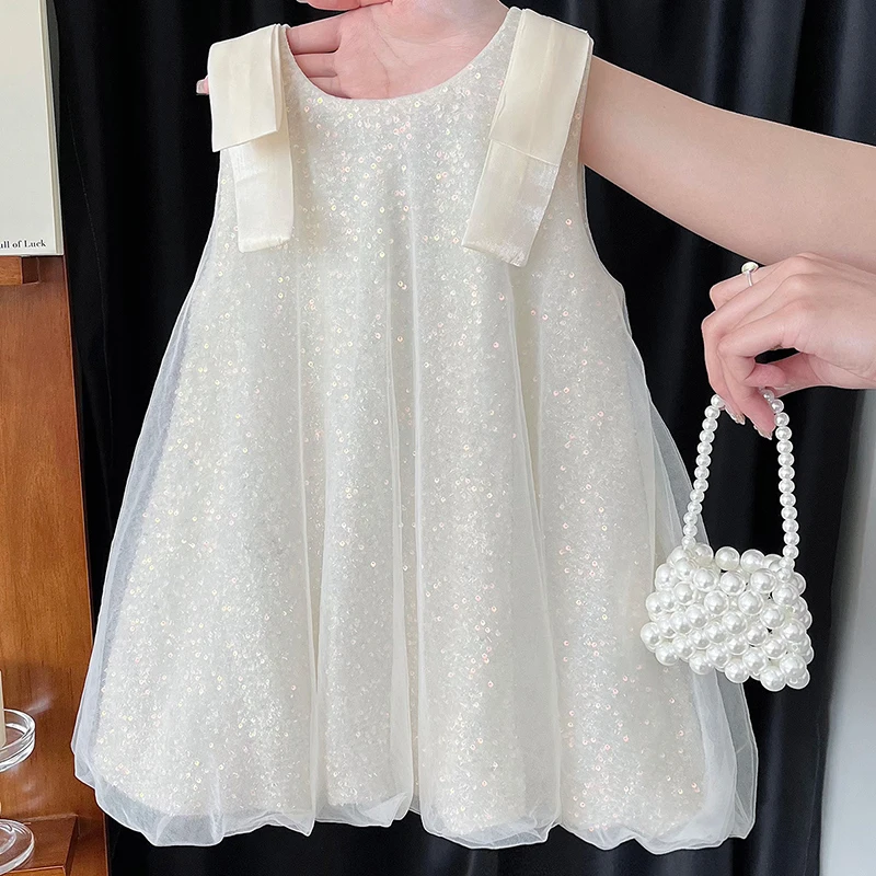 

Summer Baby Luxury Dresses Children Clothes Girls Korean Fashion Mesh Bow Sleeveless Birthday Dress Boutique Kids Clothing B1200