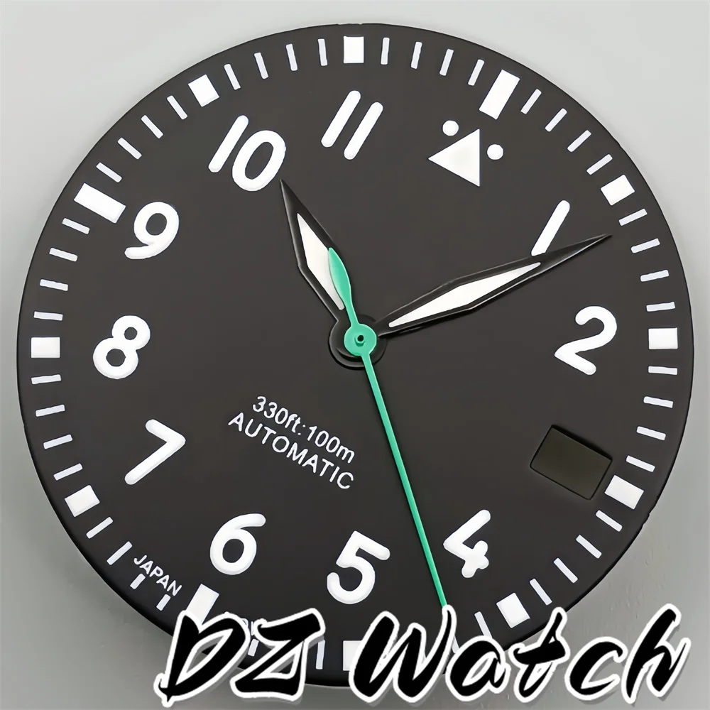 DZ classic pilot watch dial and hand set with green luminous 29mm black white blue green dial suitable for NH35 movement watches