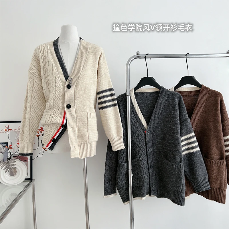 

Women New 2000s Vintage Contrast Sweater Academy Style Loose Pocket Woven Design Sense Long Sleeve Cardigan 2024 Autumn New Coat