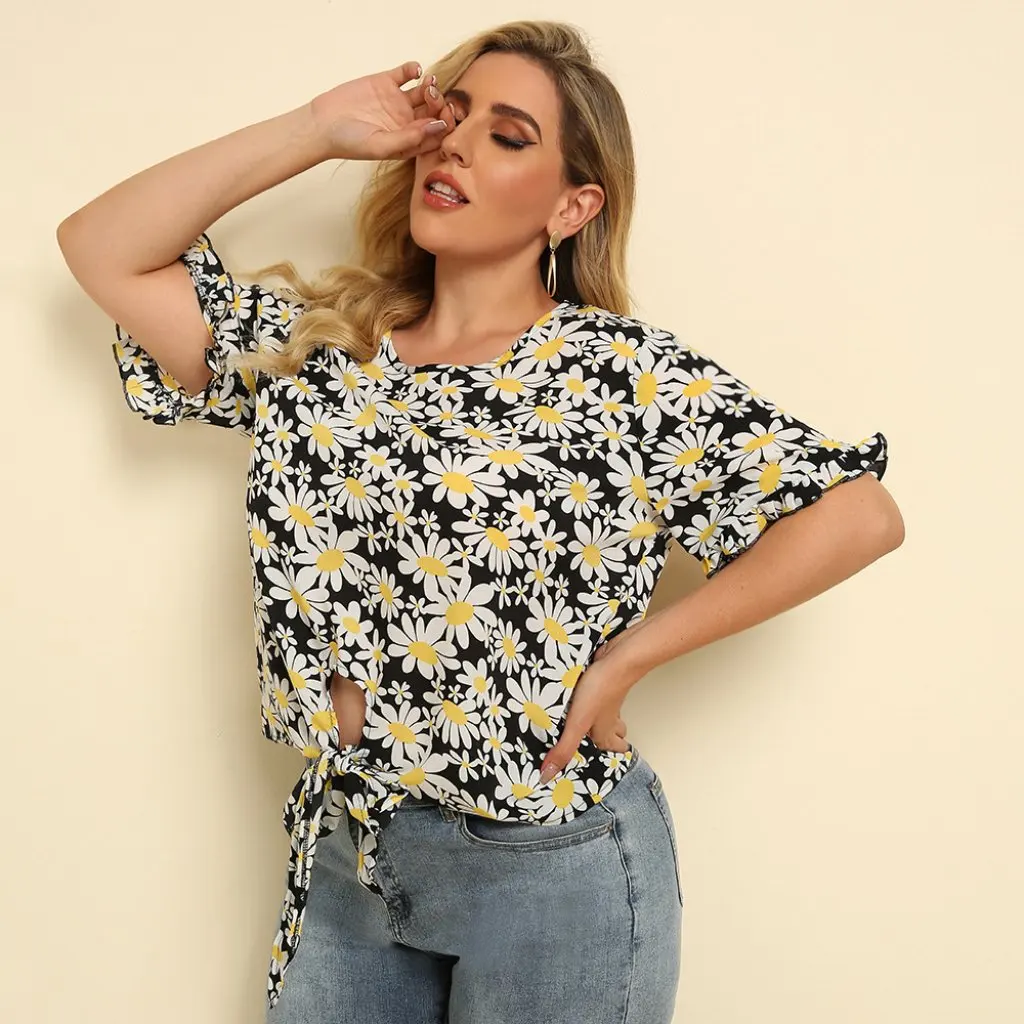 プラスサイズの女性の夏のシャツラウンドネックルーズストラップデイジープリントトップジュニア085新品
