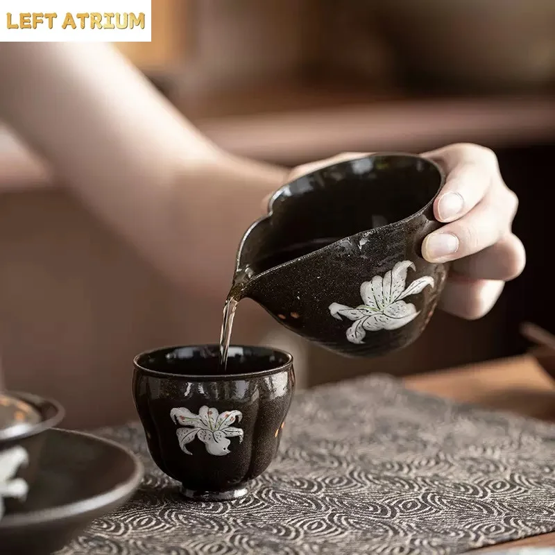 1PC Coarse Pottery Hand-painted White Lily Cover Bowl Japanese Household Ceramic Tea Bowl Tea Dispenser Uniform Cup Pot Bearing - view 4