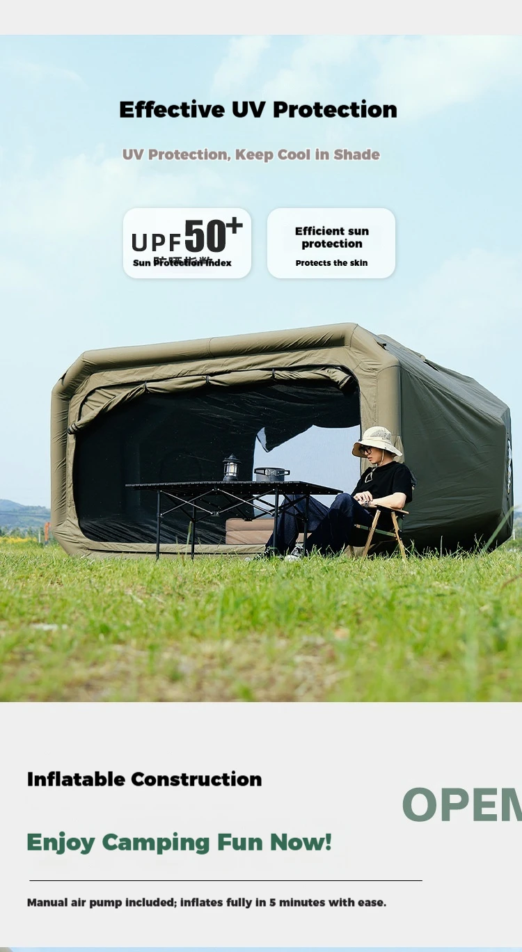 Luxury Camping Tent 6 Sleeper Inflatable Structure with Complete Kit UPF50 Sunblock Quick Assembly Design