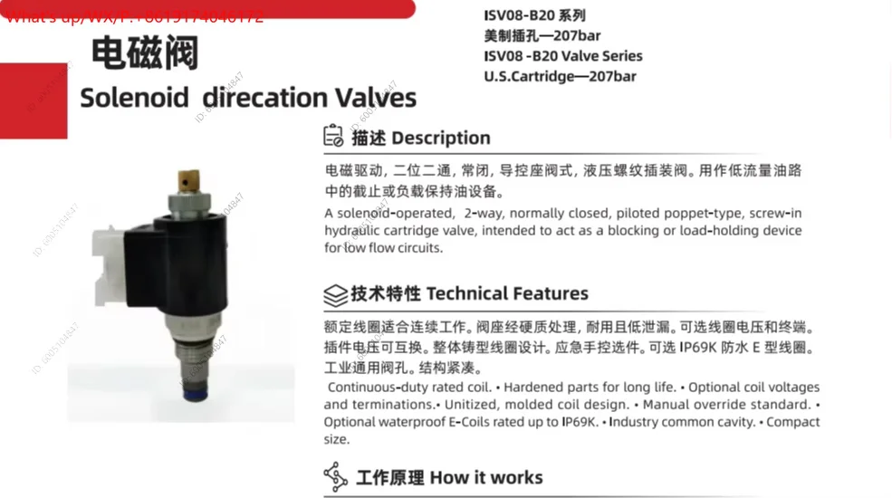 Solenoid directional valve ISV08-B20 pilot operated hydraulic threaded cartridge valve, normally closed 2/2 way