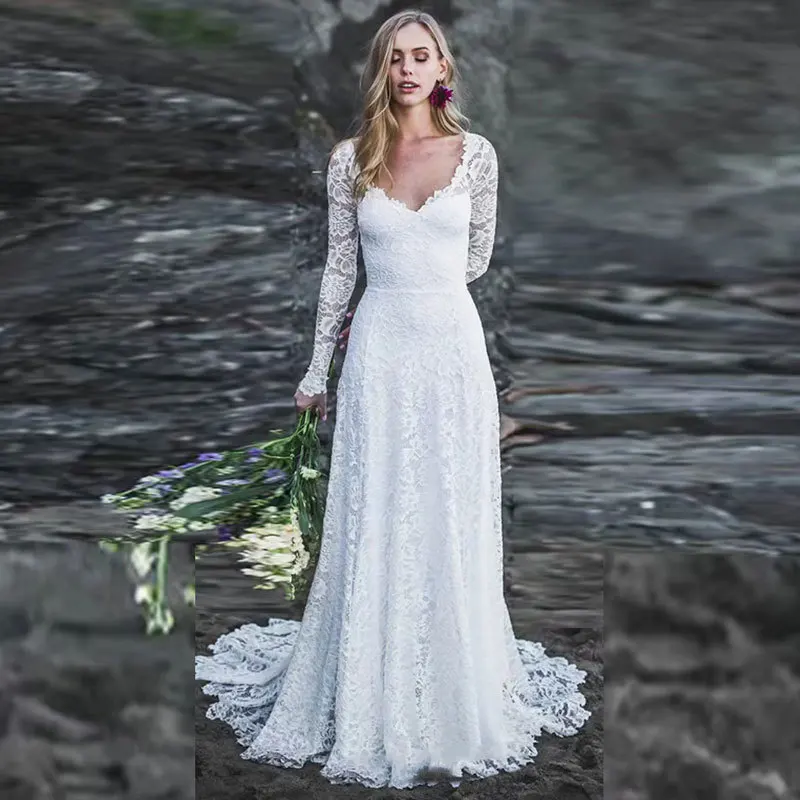 

Long Sleeve Bridal Gowns Vestido Wholesale Sexy Long A-Line Wedding Gown Lace Plus Size White Wedding Dresses