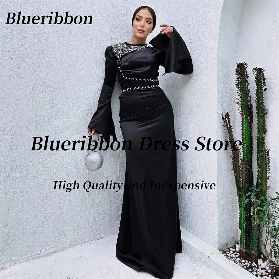 

Blueribbon Black Evening Dresses for Dubai Arabia Women Beaded Crew Neck Wedding Party Dress Zipper Back Formal Prom Gowns