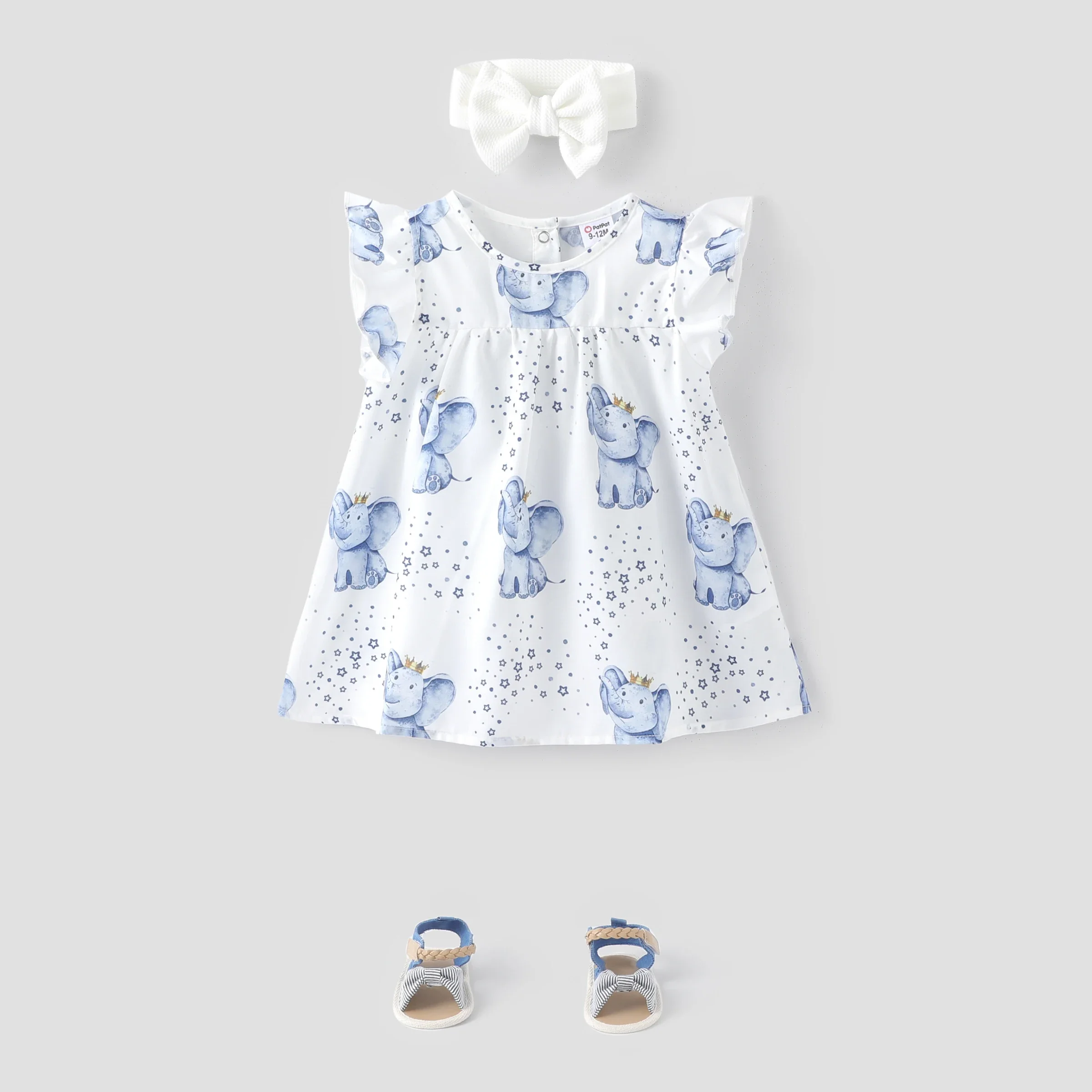 PatPat Baby Girl Allover Elephant & Star Print Flutter-sleeve Dress Suitable for Summer Season Soft and Comfortable