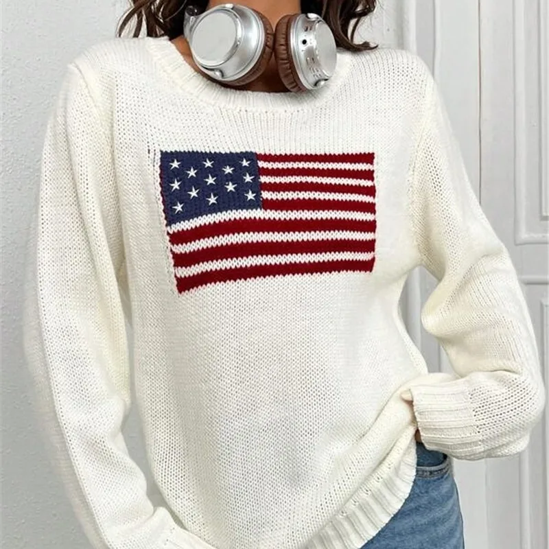 Women's Sweater 2024 Spring New Flag Pattern Round Neck Casual Loose Long Sleeve Simple Versatile Pullover Knitted Sweater