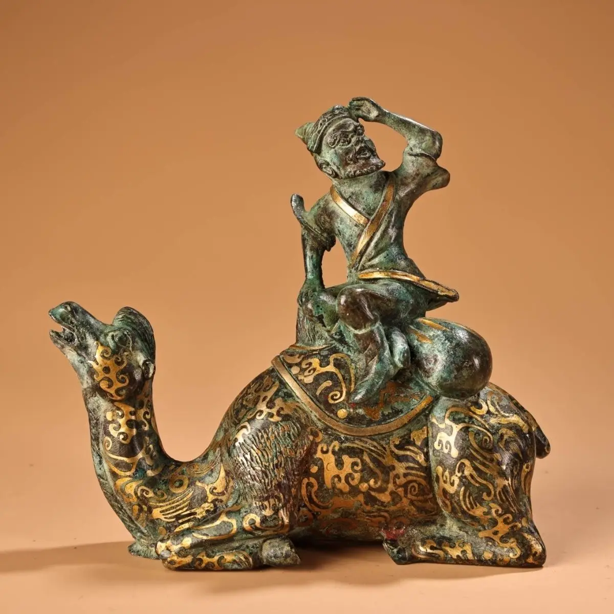 Ancient Gilded Bronze Sculpture, Foreign Trader on Camel Home Decorative Table Ornaments