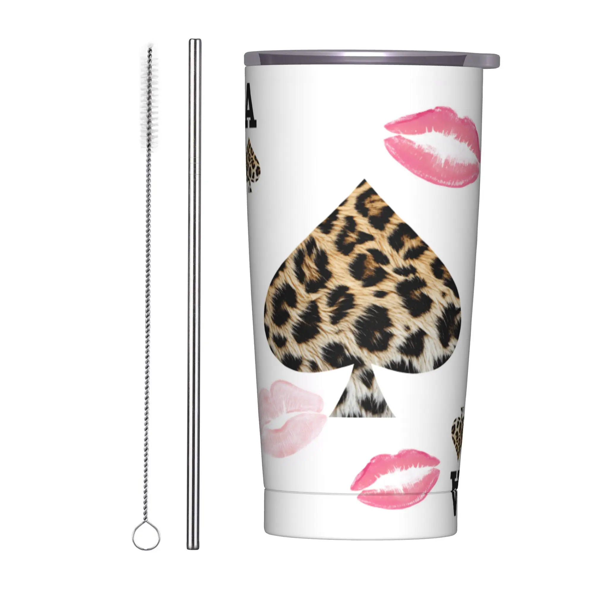 Leopard & Card Print Tumbler  Travelist 20oz Thermal Mug Leakproof Cold Drink Milk Tea Water Bottle,