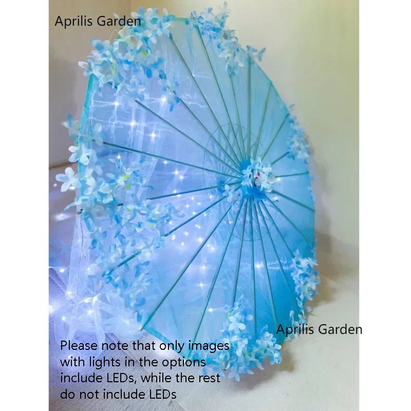 Blue LED Yarn Silk Cloth Decorative Umbrella Transparent Fan Princess Lace Chinese Japan Umbrella Craft Umbrella Party Frances