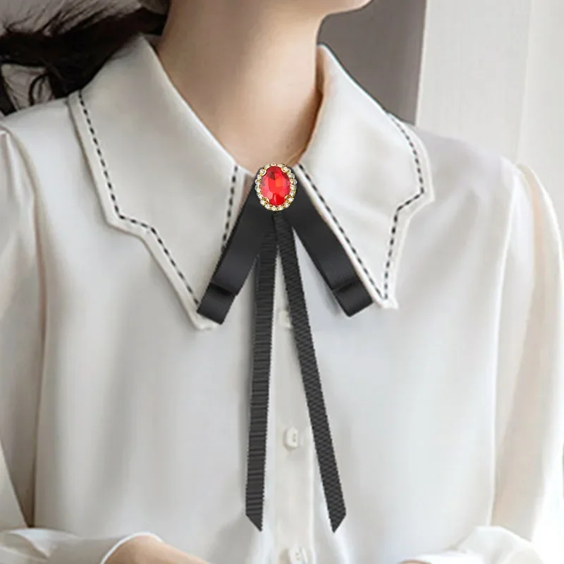 Bow Tie Brooch for Women's Handmade Ribbon Rhinestone Pin Korean Fashion Clothing College Style Shirt Accessories Collar Flower