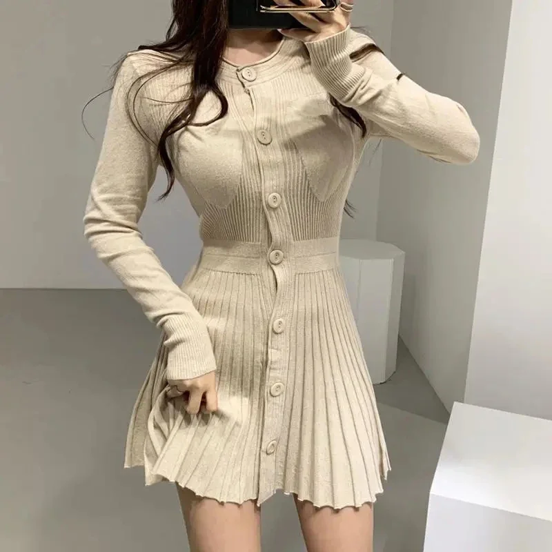 Thin Long Sleeve Knitted Dress Women Summer Korean Single Breasted Sexy Pleated Mini Dress Fashion Streetwear Slim A Line Dress