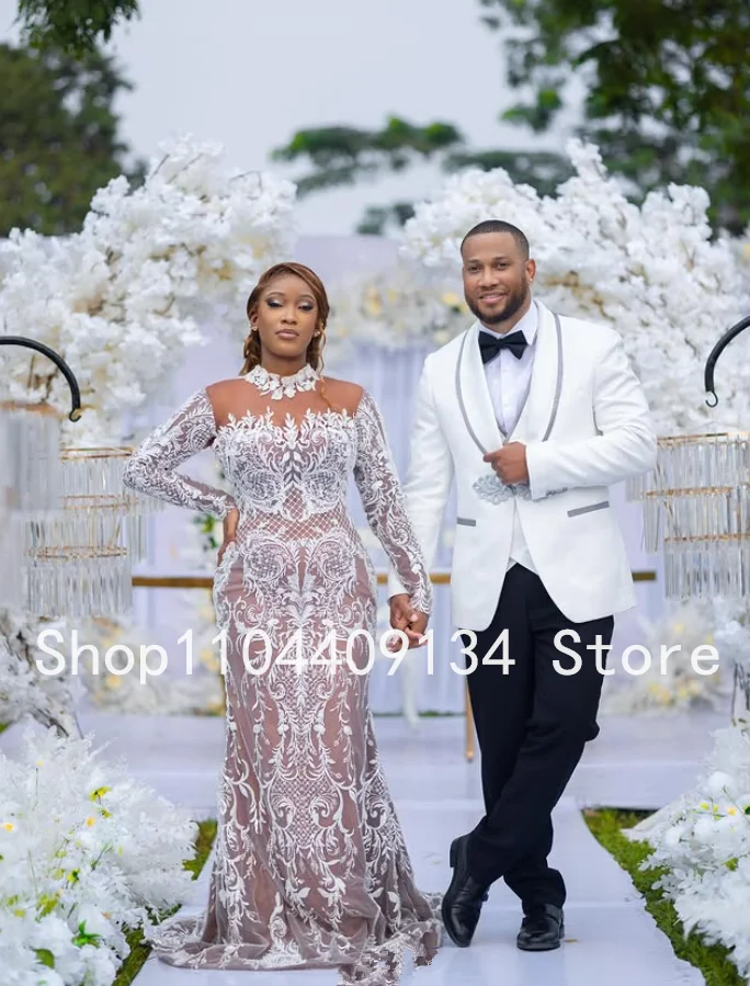 ヌードホワイトマーメイドアフリカビーチウェディングドレス長袖アップリケシアーネックレースアップガーデンブライダルドレスカスタムサイズ衣装