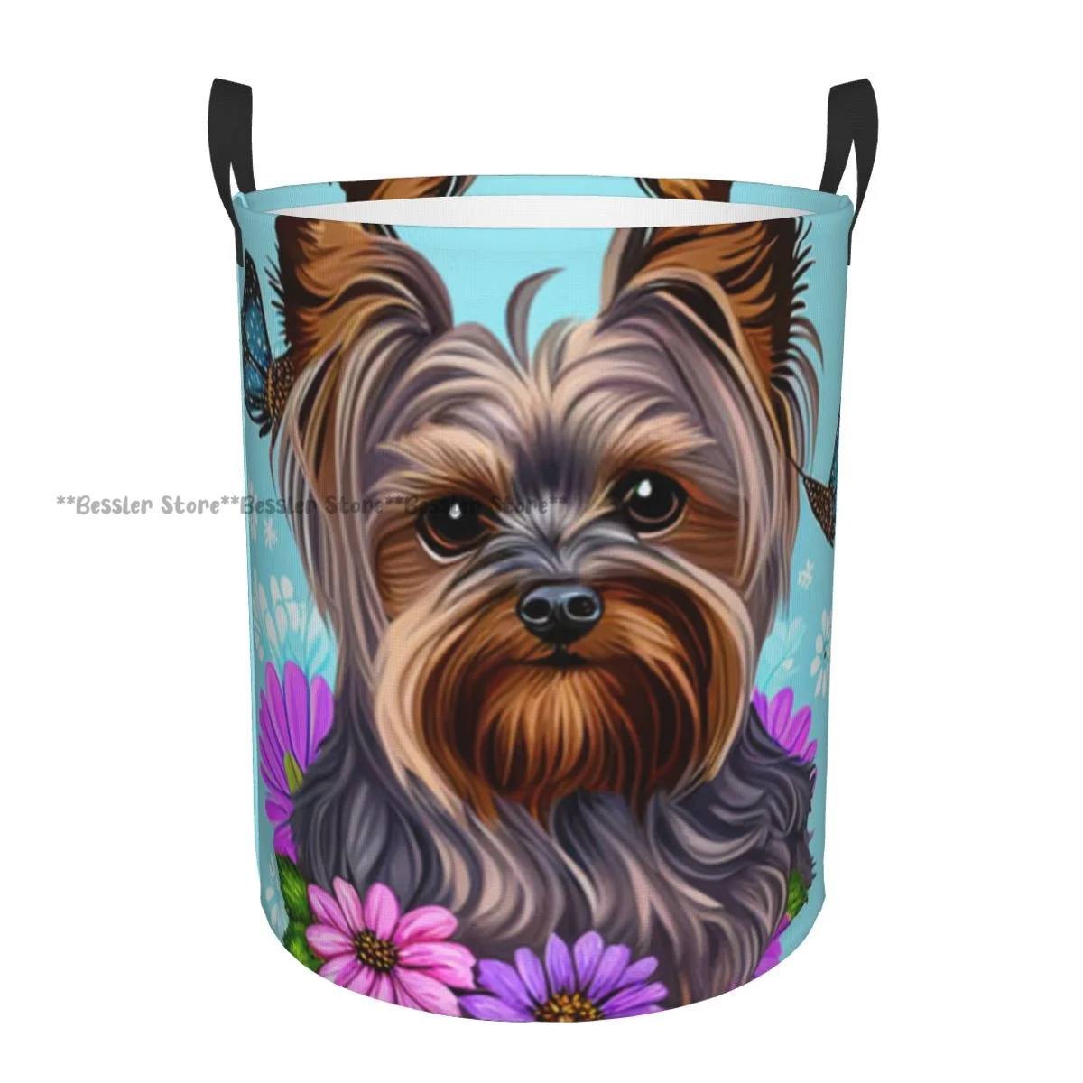 Cute Cartoon Dog Yorkshire-terrier With Flowers Butterfly Laundry Basket Folding Dirty Clothes Toys Storage Bucket Household