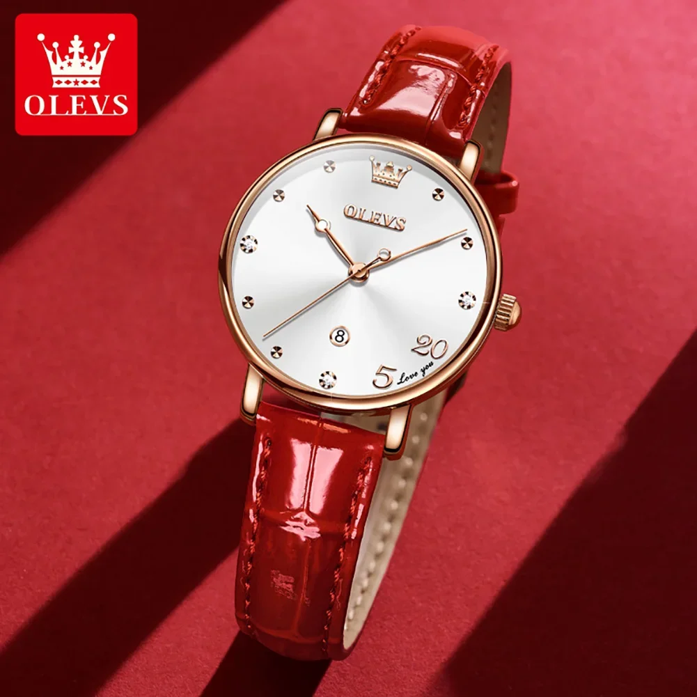 OLEVS 5505 Genuine Leather Strap Fashion Women Wristwatches Trendy High Quality Quartz Waterproof Watch for Women Calendar