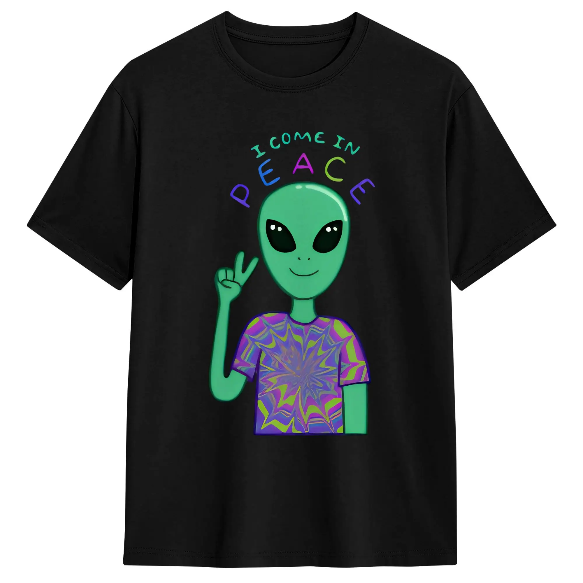 UFO We Come In Space Alien T-Shirt Summer  Harajuku T-Shirts Man Cotton Crew Neck Oversized Tees Short Sleeves Awesome Tshirt