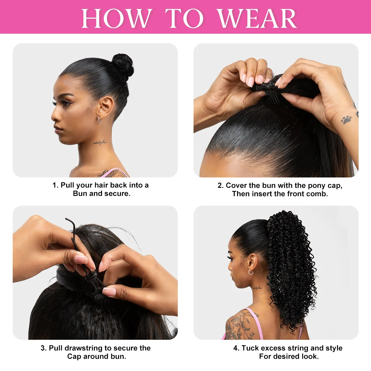 16インチ高品質低価格耐熱性合成繊維アフロカーリーシニヨン女性用ドローストリング縮れ毛カーリーポニーテール