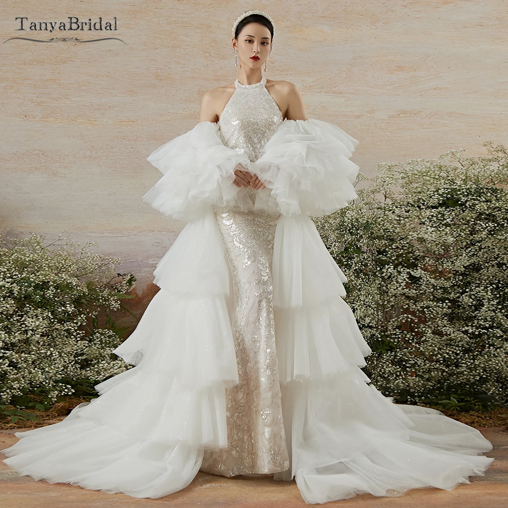 

Слои пышных тюлевых свадебных накидок со съемными рукавами, модная свадебная куртка, элегантный наряд с запахом, шикарный DJ234