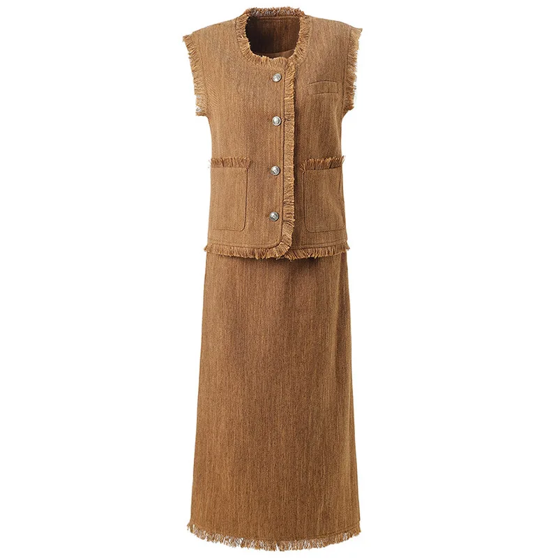 

2025 New Design Single Breasted O-Neck Sleeveless Tassel Top And Women Solid Skirt Set