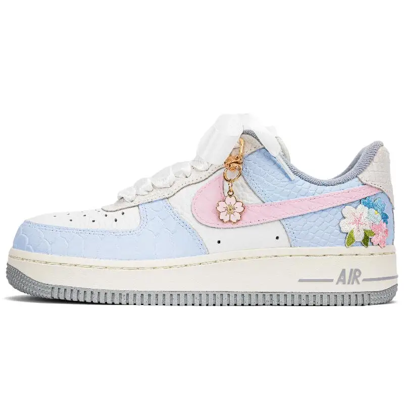 

[Custom Blue and pink cherry blossoms]Nike Air Force 1 Low-Top Skateboard Shoes Women's Blue Pink