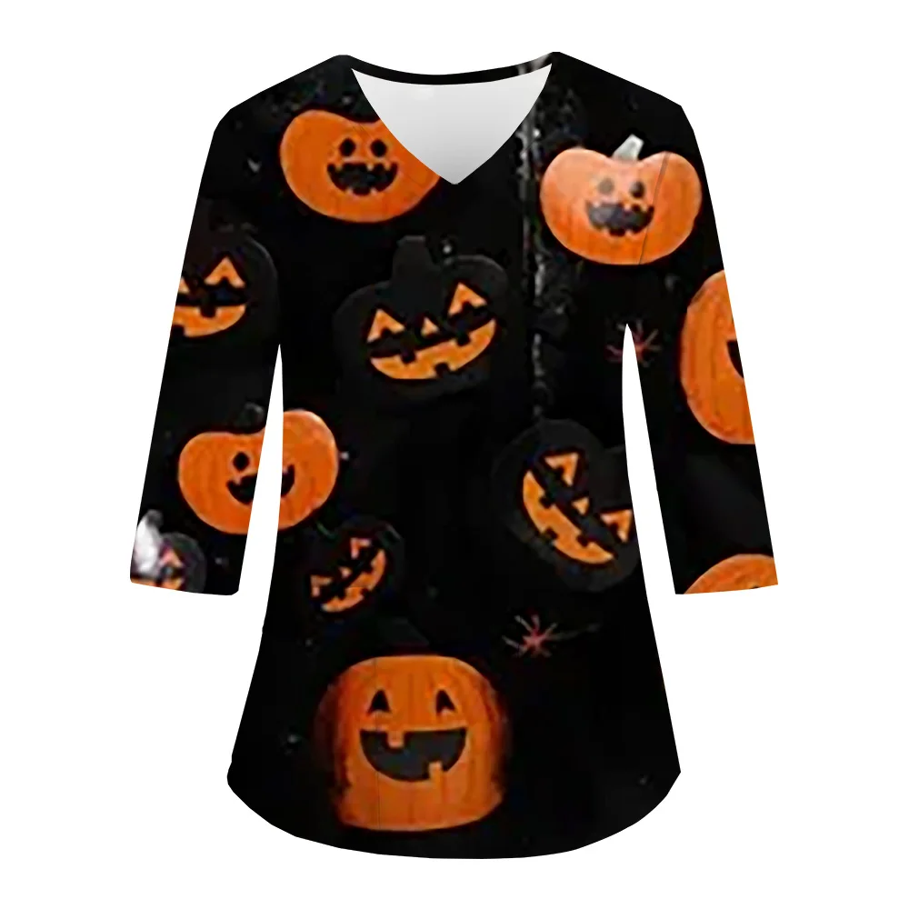 Mulheres Halloween Abóbora Sanitária Uniforme Mulher Imprime V-Neck 3/4 Manga Bolsos Enfermagem Scrubs Tops Uniforme de Trabalho Clínica Uni