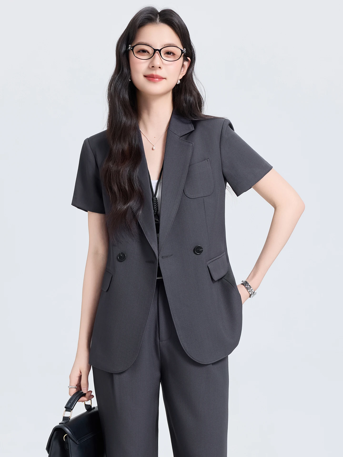 Women's Short Sleeve Suit Set Professional Formal Wear Casual Interview Outfit Work Clothes Slim Fit Polyester Fiber