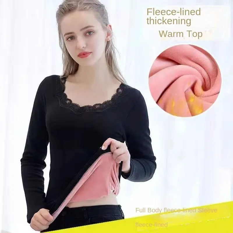 New Lace Bottoming Shirt for Women Winter Women's Thermal Underwear Plus Velvet V&O-Neck Basic Thermos Long-sleeved Tops Female