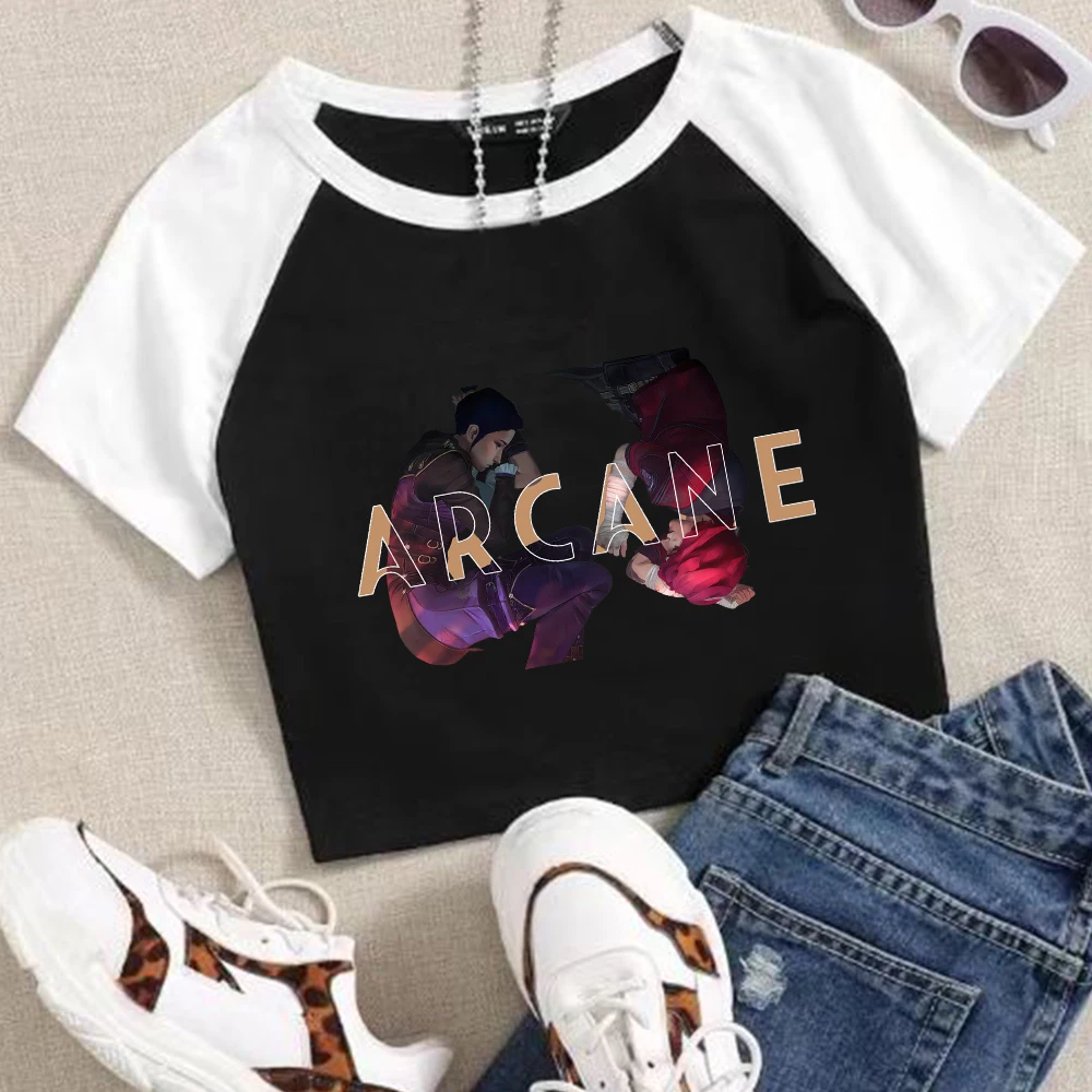 Vi & Caitlyn Arcane Girls Crop Shirts Color blocked short sleeves O-Neck Top