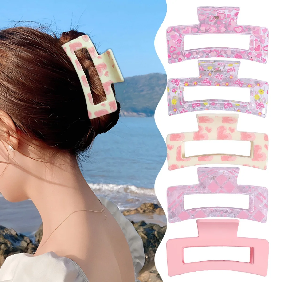 

5pcs Multi Series Printed Shark Grab Clip Love Bow Pattern Hair Grab Girl Wind Disk Hair Accessories Headwear for Daily Travel