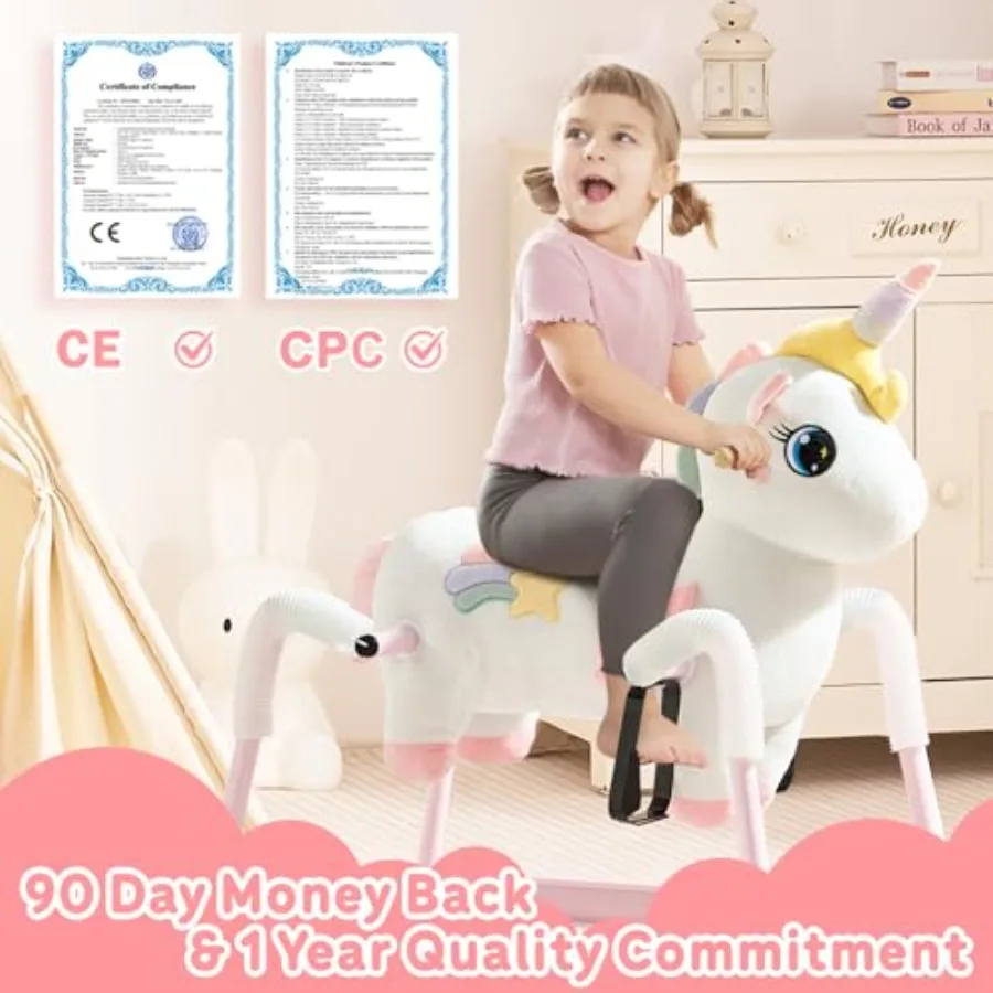 Caballo mecedora de primavera de unicornio para niños de 3 a 8 años, paseo de hada arcoíris con resorte cubierto y marco resistente, vicina y galop