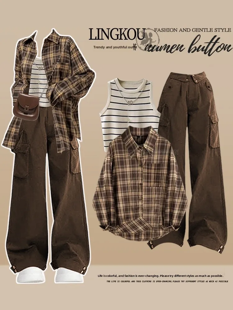 

Spring Design plus Size Women's Outfit Shirt Halter Vest Slimming Work Pants Three Piece Set Checkered Pattern Long Sleeve V ...