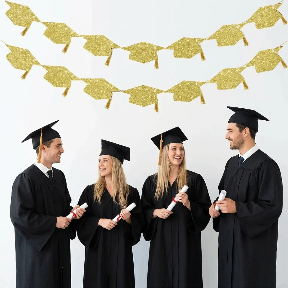 2Pcs Reusable Graduation Party Banner with Tassels Shining Paper Pull Flag Durable Celebration