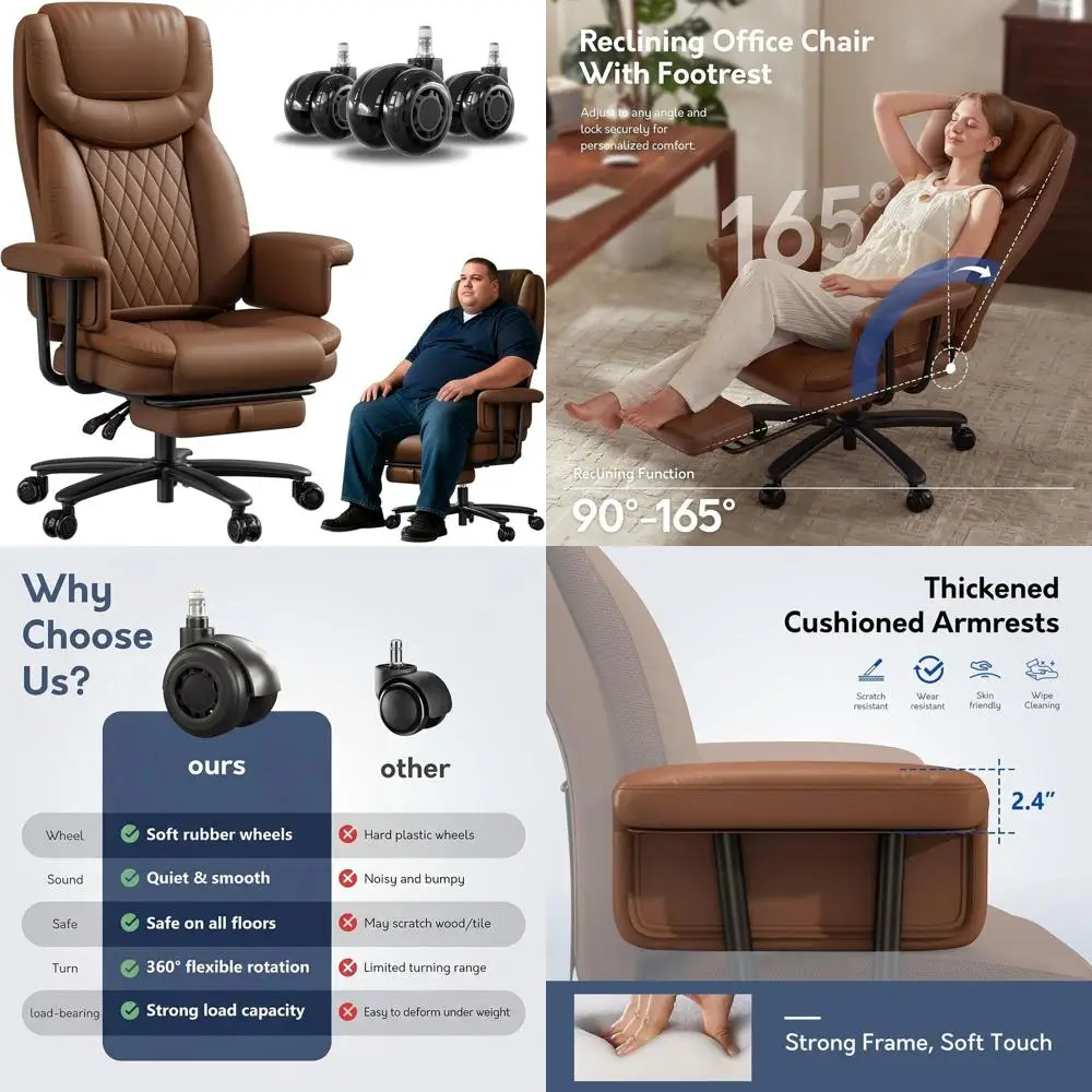

Large Capacity 500lbs Reclining Ergonomic Office Chair with Footrest, Adjustable Height, Padded Arms, Brown